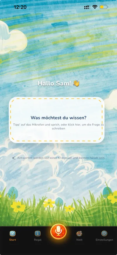 The WHAI home screen with the microphone button.