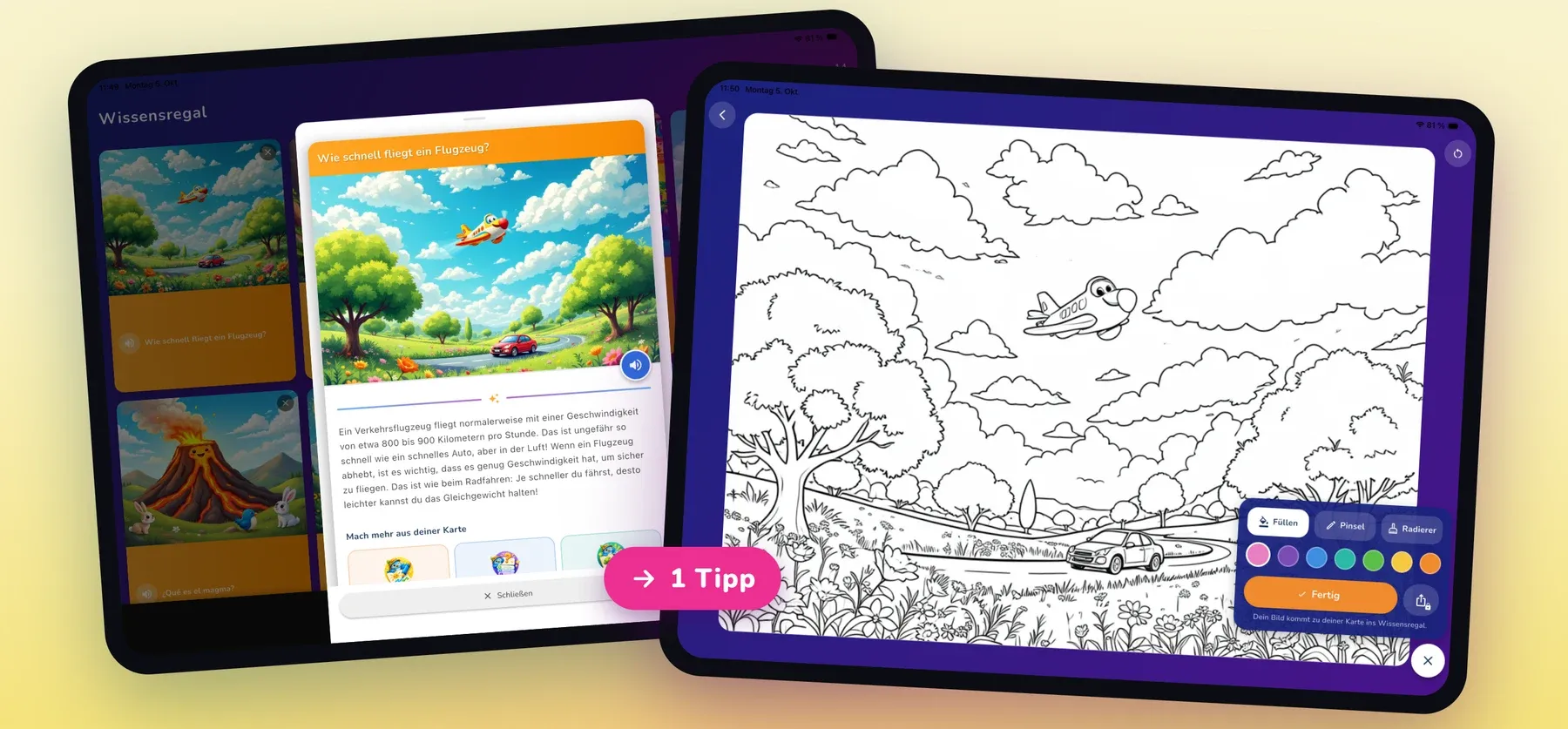 An answer card about planes next to the same picture as a colouring page.