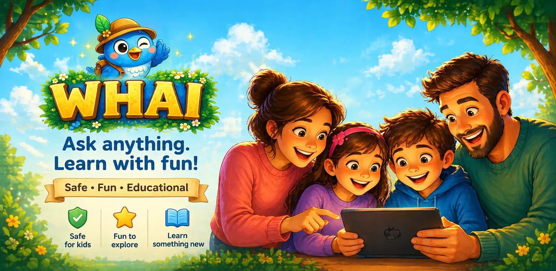 A family of four looking at a tablet together, smiling.